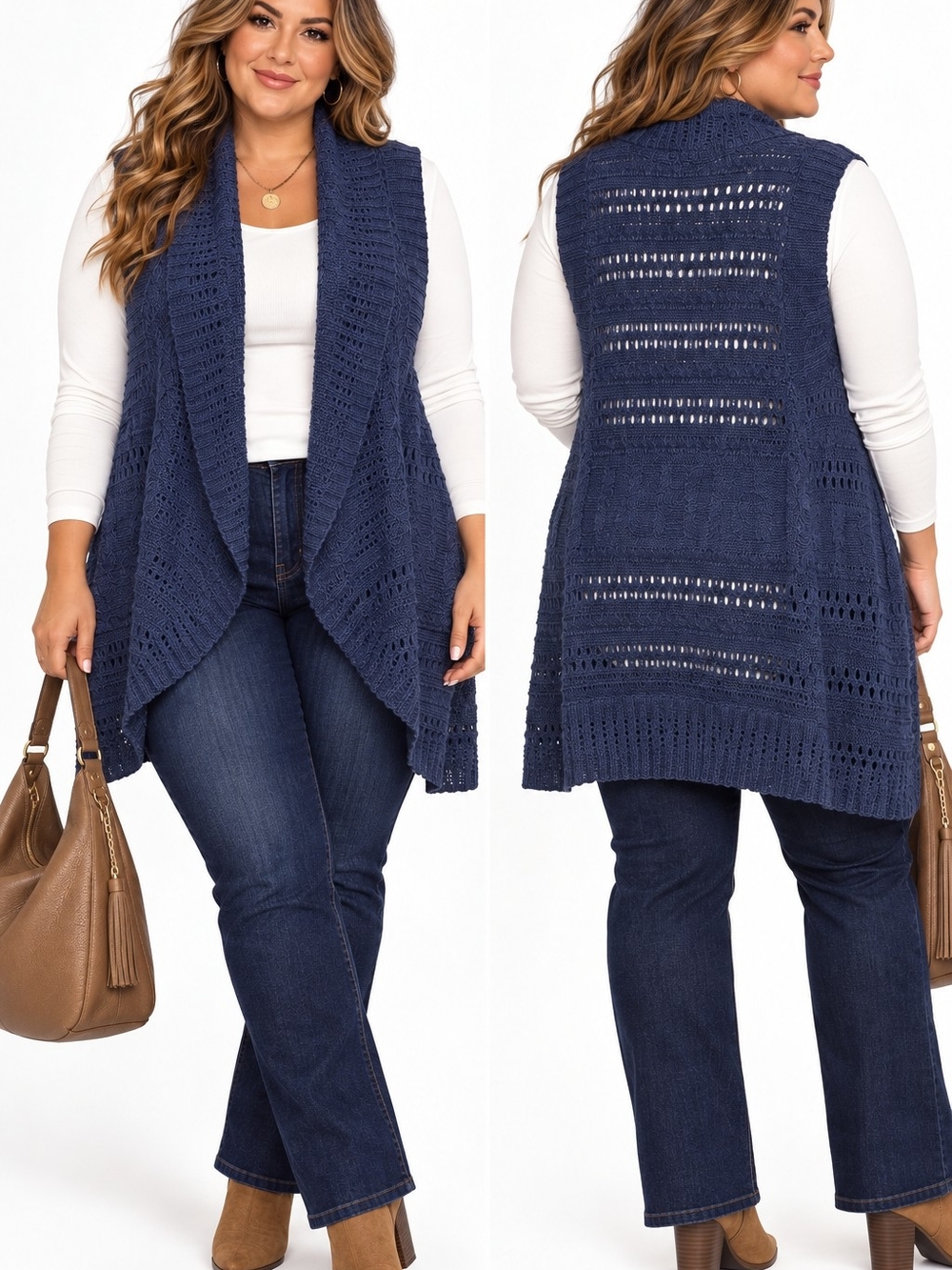 Sonoma 3X Navy Blue Knit Vest Open Front Boho Crochet Cardigan Layering